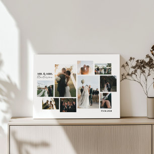 Minimalistische aangepaste 9-foto bruiloft collage canvas afdruk