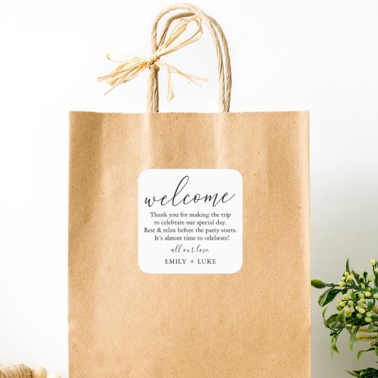 Minimalistische aangepaste bruiloft welkomsttas vierkante sticker