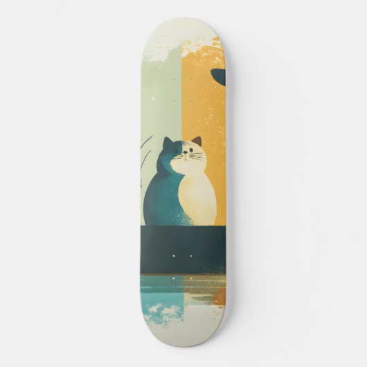 Minimalistische Abstracte Lake Chubby White Cat Ca Skateboard (Voorkant)