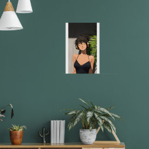 Minimalistische anime-meisje dat ontspant met hoof poster