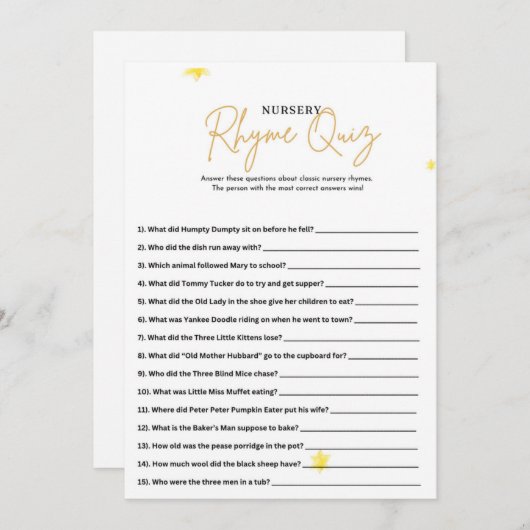 Minimalistische Baby shower Nursery Rhyme Quiz Gam Kaart (Voorkant / Achterkant)