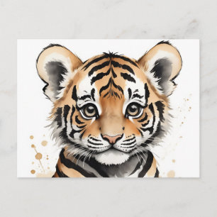 Minimalistische Baby Tiger Face in inkt en Waterve Briefkaart