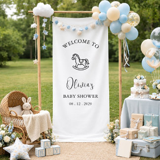 Minimalistische babyshowerschild met schommelpaard spandoek