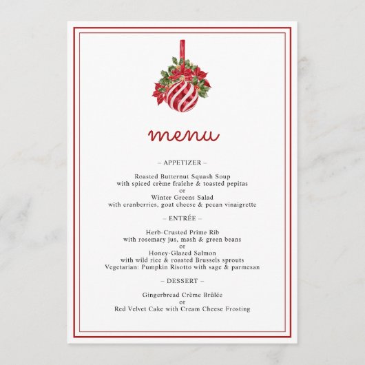 Minimalistische Bauble & Script kerstdiner Menu (Voorkant)