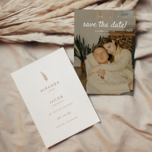Minimalistische Beige Bloemige Blad Trouwfoto Save The Date