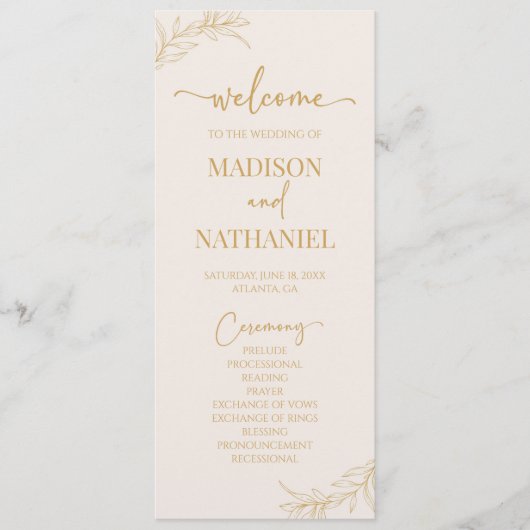 Minimalistische Beige Gouden Tak Blad Bruiloft Programma (Voorkant)