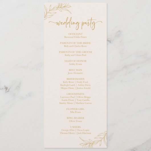 Minimalistische Beige Gouden Tak Blad Bruiloft Programma (Achterkant)