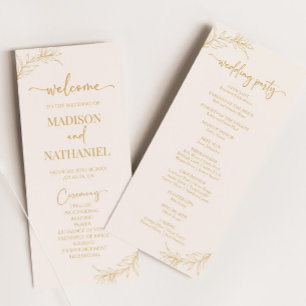 Minimalistische Beige Gouden Tak Blad Bruiloft Programma