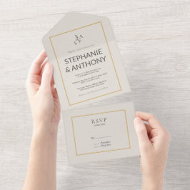 Minimalistische Beige Monogram Wildflower Wedding All In One Uitnodiging