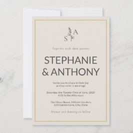 Minimalistische Beige Monogram Wildflower Wedding Kaart