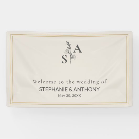 Minimalistische Beige Monogram Wildflower Wedding Spandoek (Horizontaal)
