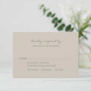 Minimalistische Beige Taupe Script Maaltijdkeuze RSVP Kaartje