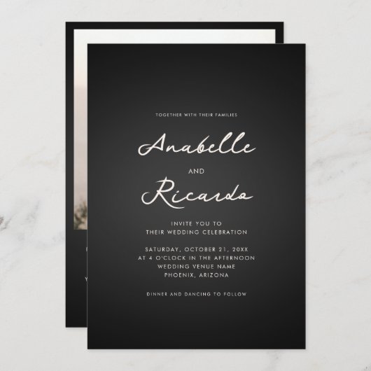 Minimalistische Black Script QR Code Wedding Kaart (Voorkant / Achterkant)