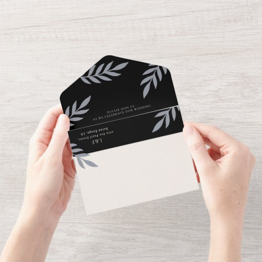 Minimalistische bladeren delicate bruiloft all in one uitnodiging (Opening)