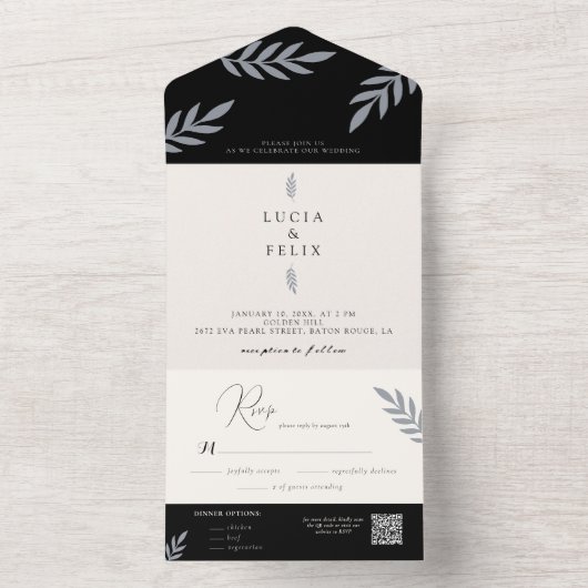 Minimalistische bladeren delicate bruiloft all in one uitnodiging (Binnen)