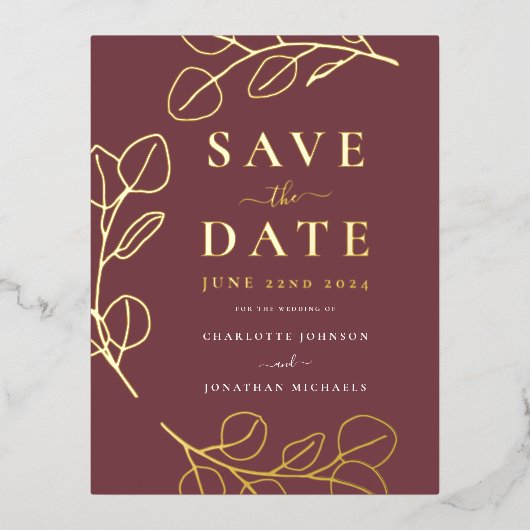 Minimalistische bladeren Stijlvolle Bourgondische Folie Uitnodiging Briefkaart (Voorkant)