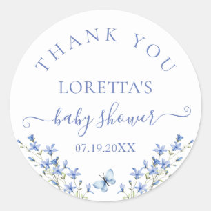 Minimalistische blauwe bloemige babyshower dank je ronde sticker