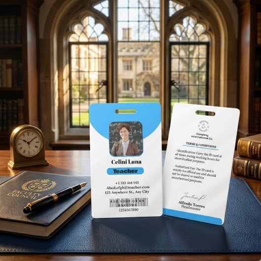 Minimalistische blauwe lesborkaart voor docenten badge