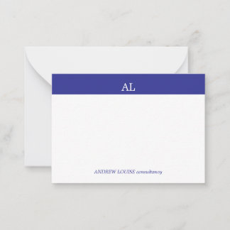 Minimalistische blauwe streep witte monogram zakel notitiekaartje