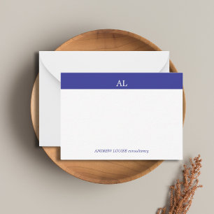 Minimalistische blauwe streep witte monogram zakel notitiekaartje