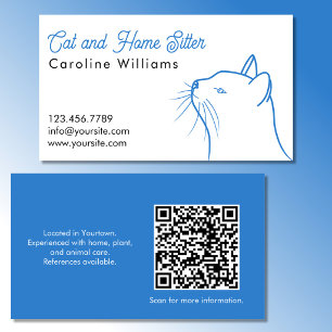 Minimalistische Blauwe Witte Kat Illustratie QR-co Visitekaartje