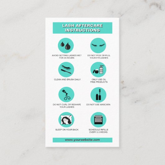 Minimalistische Blauwgroen Lash nazorginstructies Visitekaartje (Voorkant)