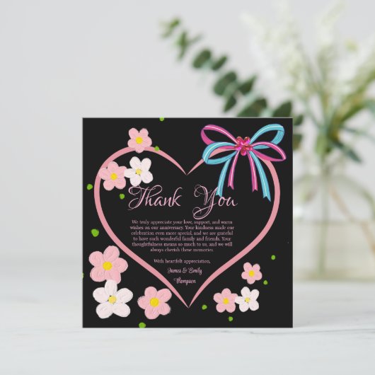 Minimalistische Bloemen Roze & Zwart Trouwen Jubil Bedankkaart (Staand voorkant)