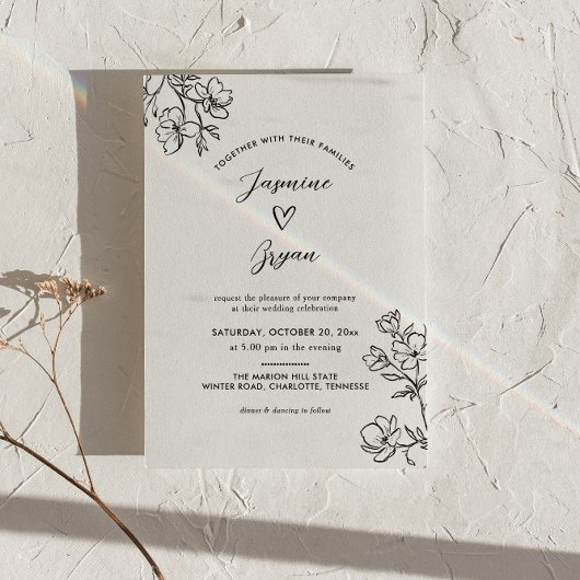 Minimalistische Bloemenscript Schattigee Hart Wedd Kaart