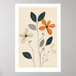 Minimalistische bloemige kunstprint beige, groen & poster