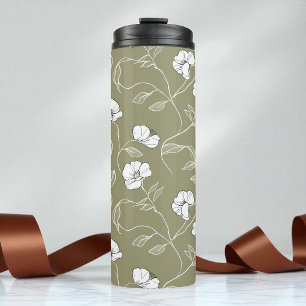 Minimalistische bloemige witte botanische olijfgro thermosbeker