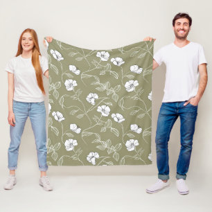 Minimalistische bloemige witte lijnkunst olijfgroe fleece deken