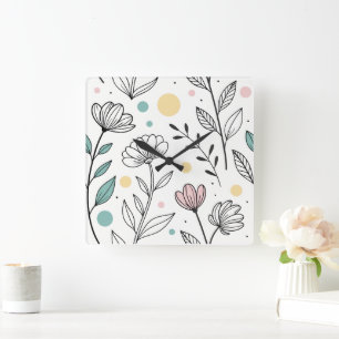 Minimalistische bloemillustratie met pastelstippen vierkante klok