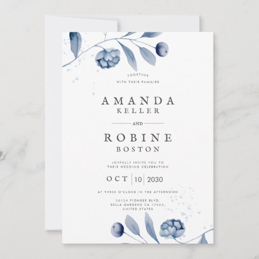 Minimalistische Blue Floral bruiloft uitnodiging (Voorkant)