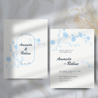 Minimalistische Blue Floral bruiloft uitnodiging