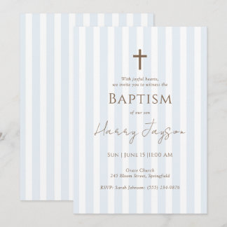 Minimalistische Blue Stripe Cross doop uitnodiging
