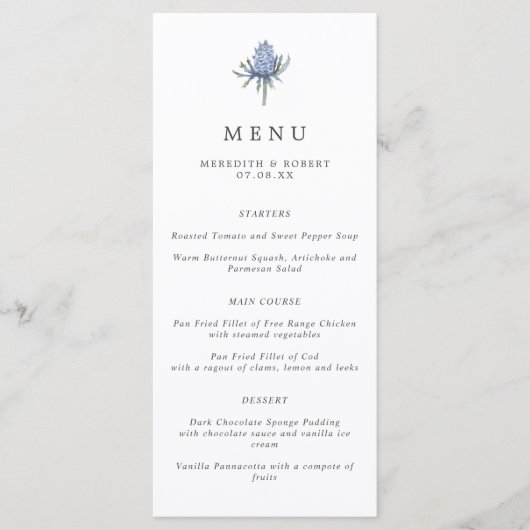 Minimalistische Blue Thistle bruiloft Menu (Voorkant)