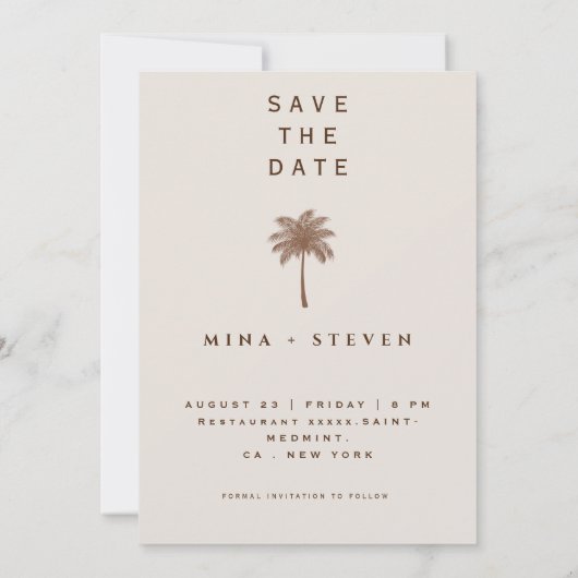 Minimalistische bohemian beige palmboom bruiloft save the date (Achterkant)