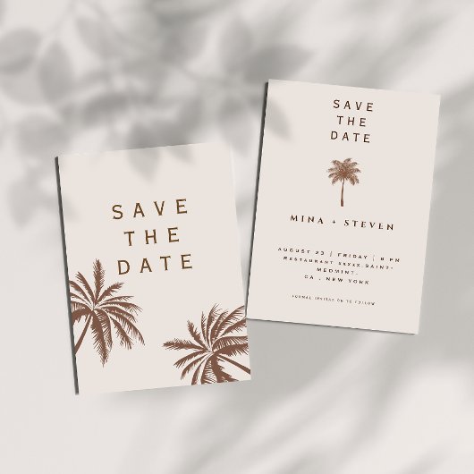 Minimalistische bohemian beige palmboom bruiloft save the date