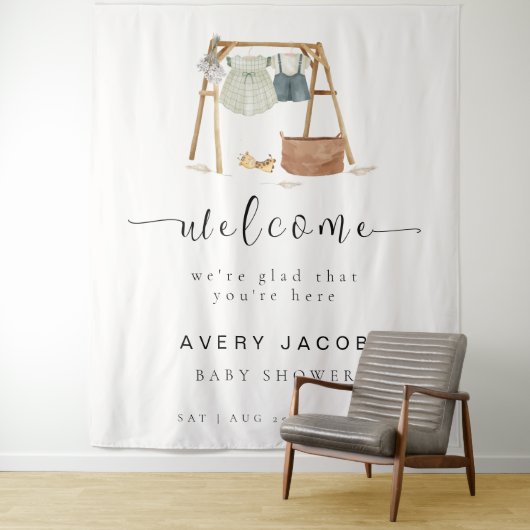 Minimalistische Boho Baby Shower Kleding Welkomstb Wandkleed (In situ)