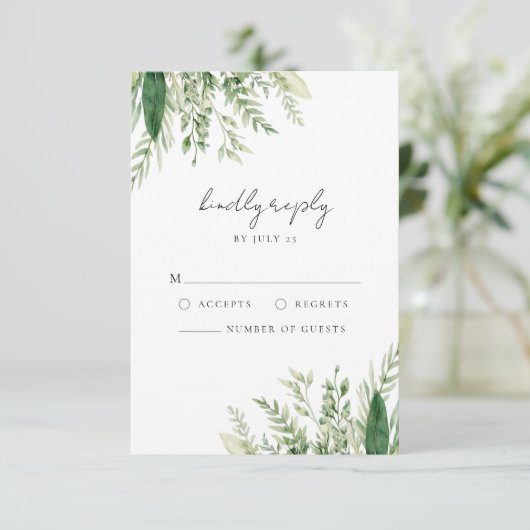 Minimalistische Boho Greenery bruiloft RSVP Kaartje (Staand voorkant)