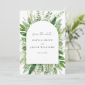 Minimalistische Boho Greenery bruiloft Save The Date (Staand voorkant)