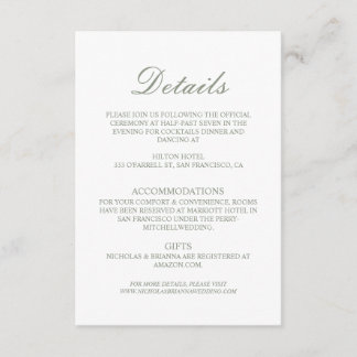 Minimalistische Boho Groene Elegante Trouwdetails Informatiekaartje