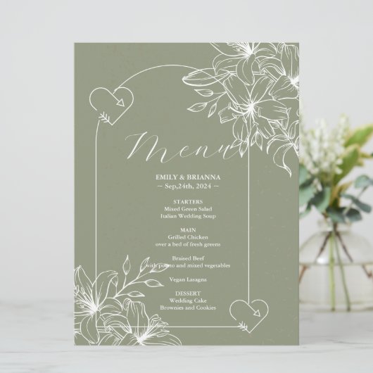 Minimalistische Boho Sage Green bruiloft Menu (Staand voorkant)