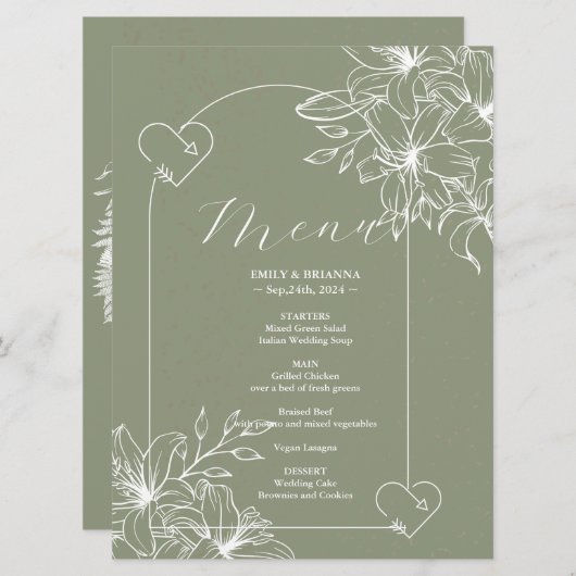 Minimalistische Boho Sage Green bruiloft Menu (Voorkant / Achterkant)