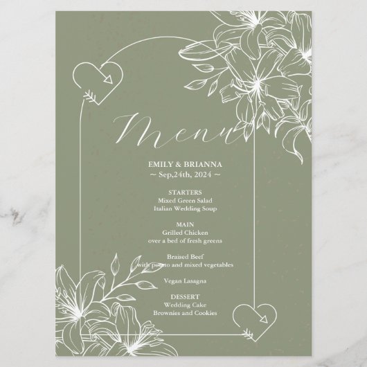 Minimalistische Boho Sage Green bruiloft Menu (Voorkant)