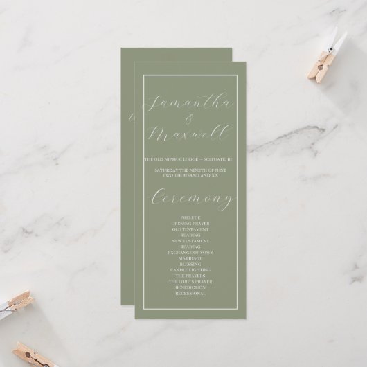 Minimalistische Boho Sage Green Wedding Programma (Voorkant / Achterkant in situ)