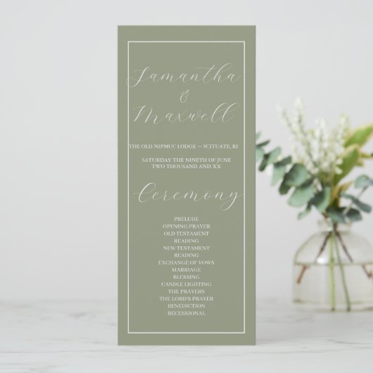 Minimalistische Boho Sage Green Wedding Programma (Staand voorkant)
