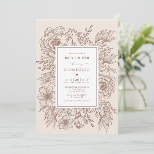 Minimalistische Boho Terracotta Bloemrijke Lijn Ba Kaart (Staand voorkant)