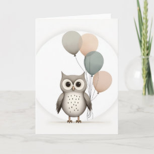 Minimalistische Boho Uil met Ballonnen Blank Groet Kaart