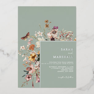 Minimalistische Boho Wildflower Bloemen Bruiloft Folie Uitnodiging